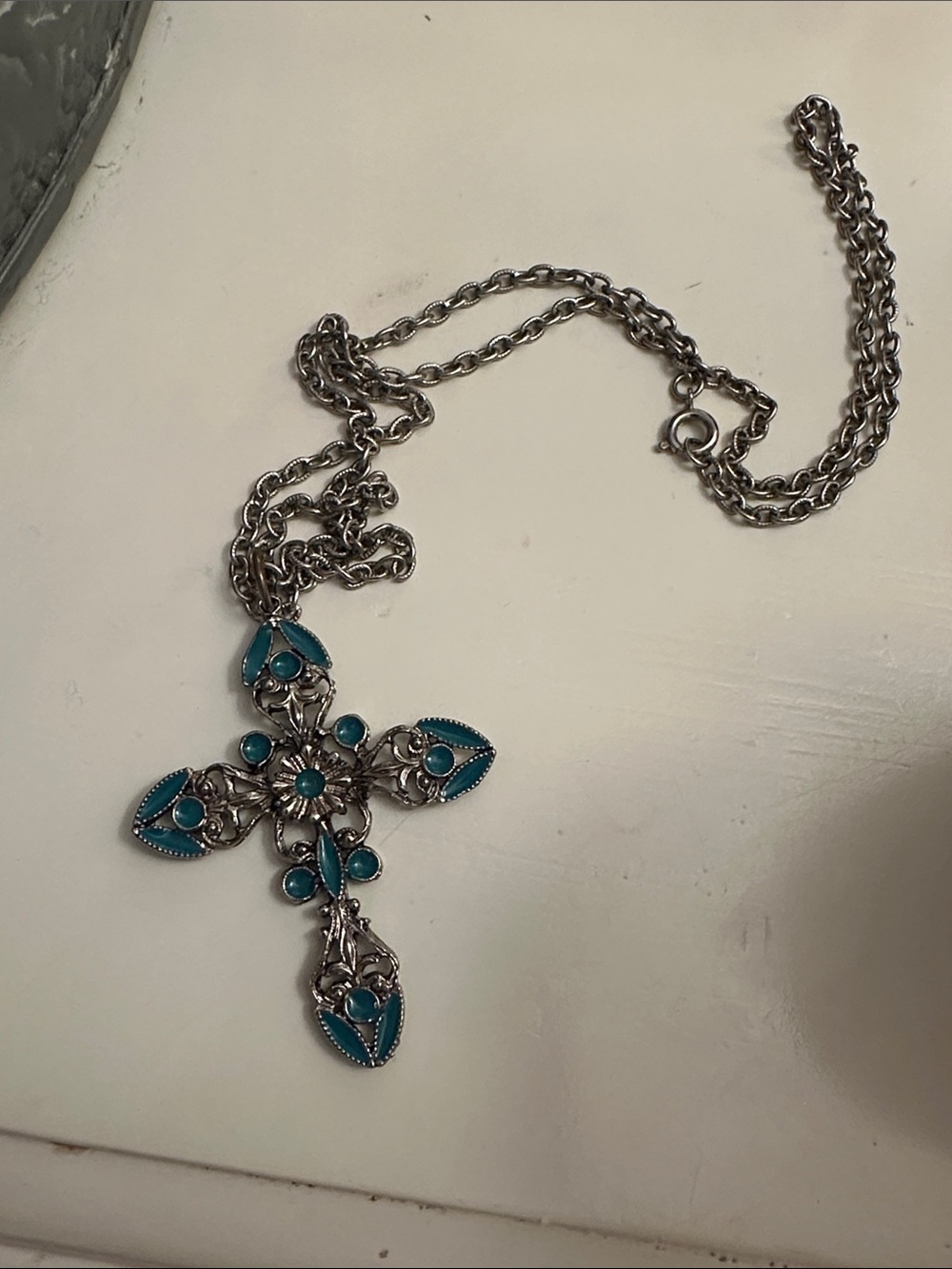 Silver-Tone Turquoise Cross Pendant Necklace